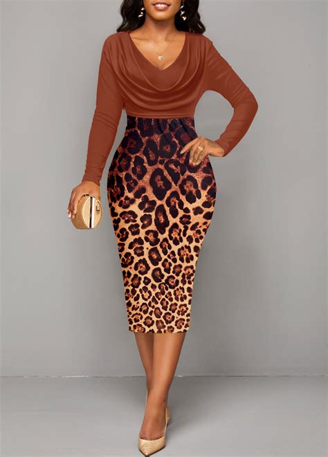 Leopard Patchwork Dark Coffee Draped Neck Bodycon Dress