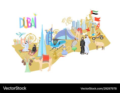 Dubai Map With Hand Drawing Icons Symbols United Vector Image