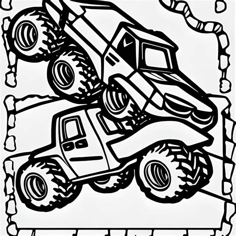 Monster Trucks de dessin animé gravissant une grande colline à colorier