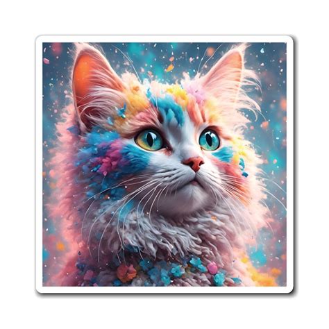 Cute White Colorful Rainbow Friendly Cat Pet Kitty Realistic Hyper