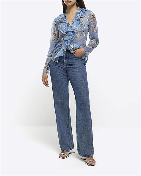 Blue Floral Frill Blouse River Island