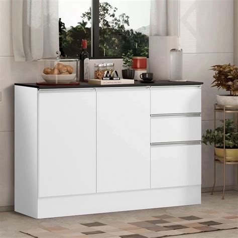 Gabinete De Cozinha 120 Cm Tampo 3 Portas 2 Gavetas Branco Paris