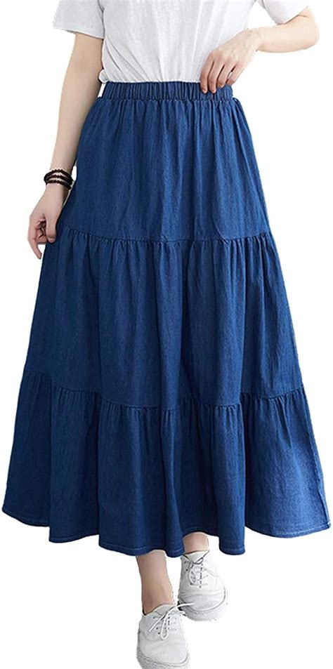 Femiserah Women S Elastic Waist Denim Tiered Skirt Long Prairie Skirts