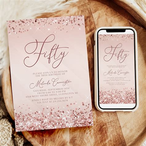 50th Birthday Invitation Fifty Rose Gold And Pink With Phone Invite