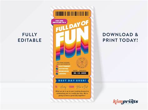 Fun Day Ticket Template Yes Day Souvenir Kids Special Etsy