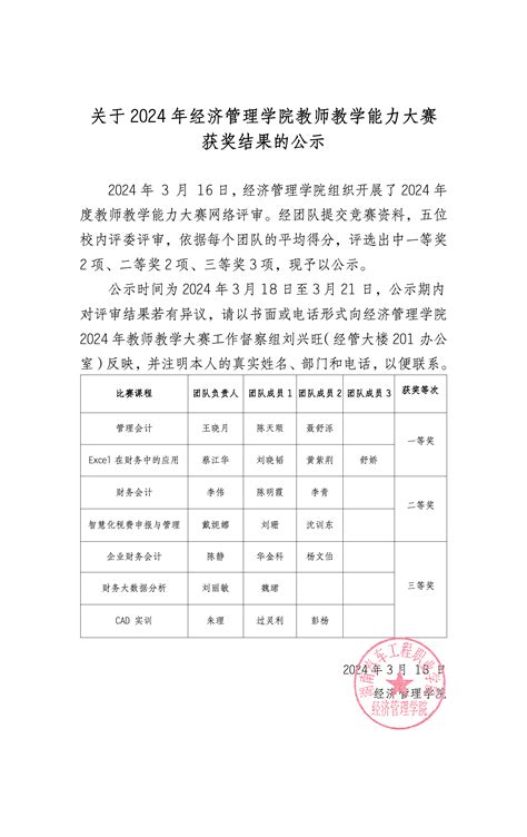 关于2024年经济管理学院教学能力大赛获奖结果的通知