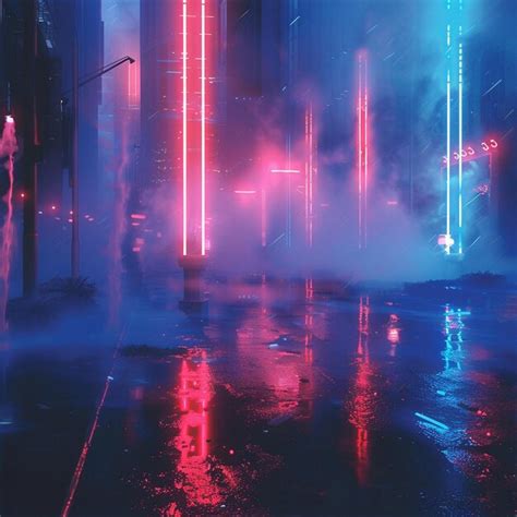 Foggy Night City Street With Neon Lights Illustration Premium Ai