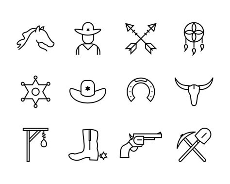 Cowboy Objects Minimalist Design Wild West Icon Set In Outline Style