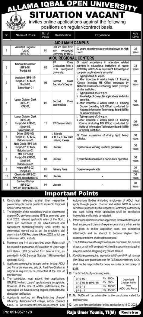 Aiou Jobs 2023 Allama Iqbal Open University Islamabad Jobs