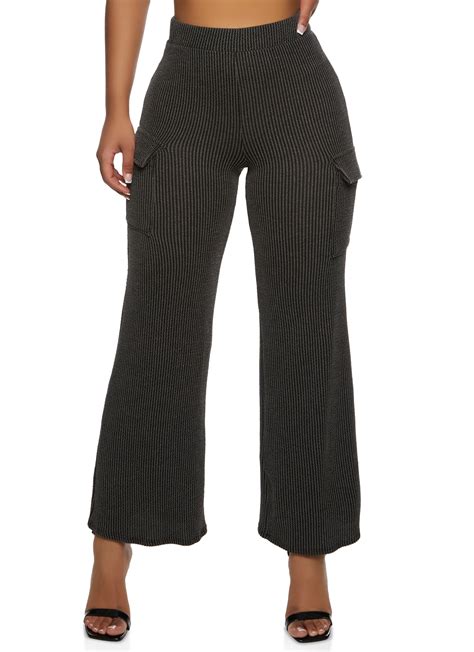 Ribbed High Waist Cargo Pocket Wide Leg Pants