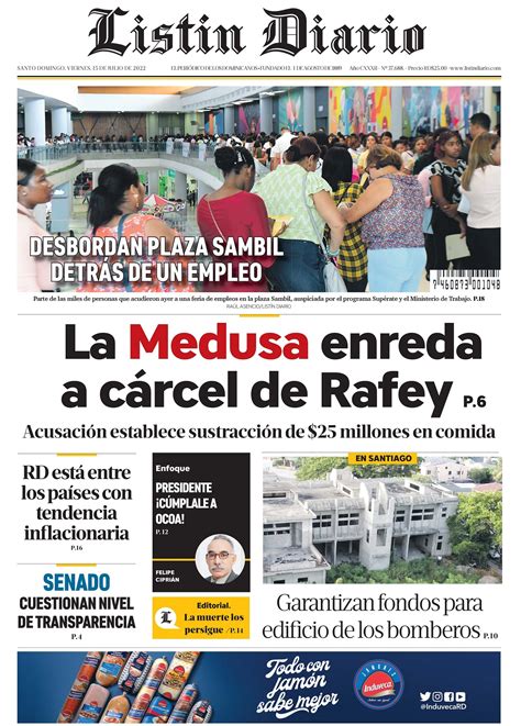 Portada Periódico Listín Diario Viernes 15 Julio 2022 Dominicana Do