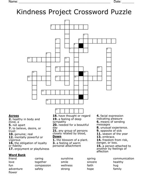 Kindness Project Crossword Puzzle Wordmint