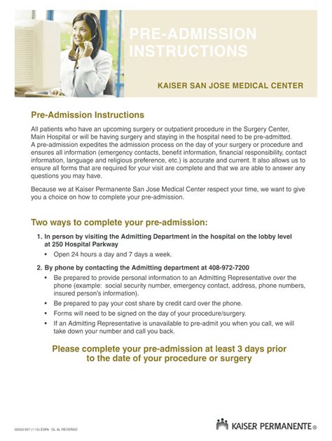 Fillable Online Mydoctor Kaiserpermanente Pre Admission Instructions