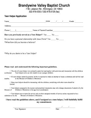 Fillable Online Brandywineonline Teen Helper VBS Application