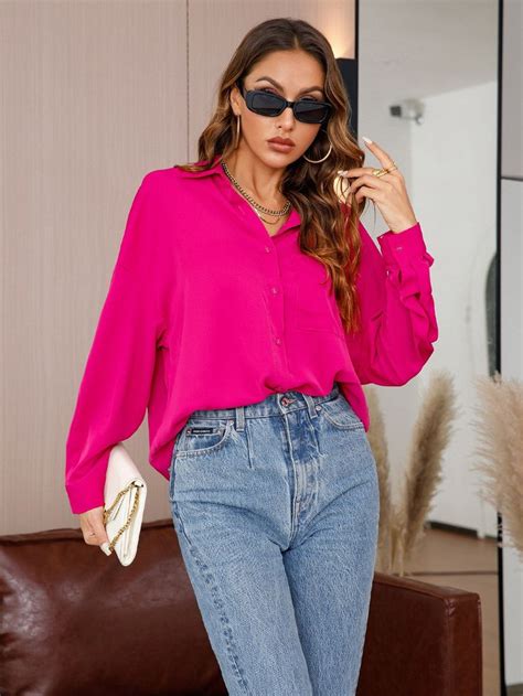 Solid Patched Pocket Drop Shoulder Shirt Hot Pink Shirt Outfit Pink