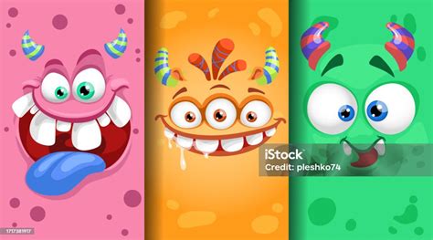 Cartoon Monster Emotions Faces Set Cute Monster Faces With Different