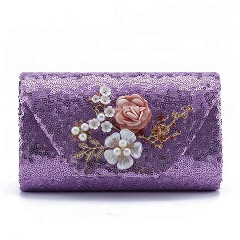 2022 New Purple Sequin Evening Clutch Bags Bling Flowers Wedding Clutch Bags With Chain Wedding