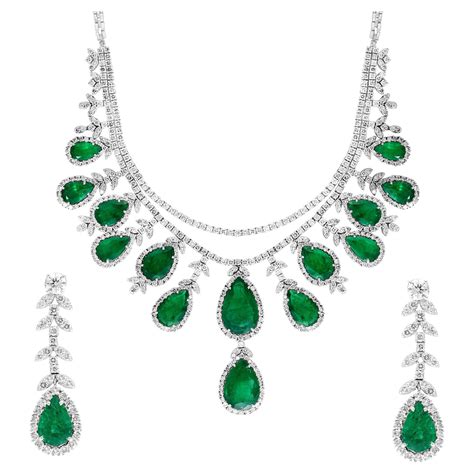 Oval Natural Zambian Emerald And Diamond Fringe Necklace And Earring