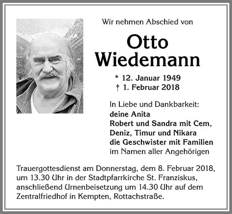 Traueranzeigen Von Otto Wiedemann Allg Uer Zeitung