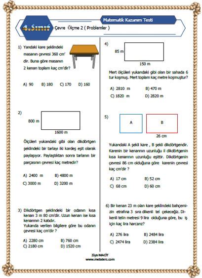 4 Sını Matematik Çevre Ölçme Kazanım Testi 2 Problemler Meb Ders