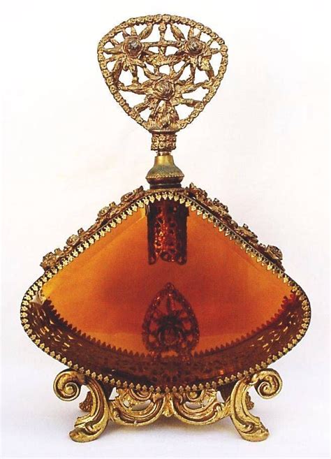 Vintage Brass Ormolu Gold Metal Filigree Beveled Amber Art Glass