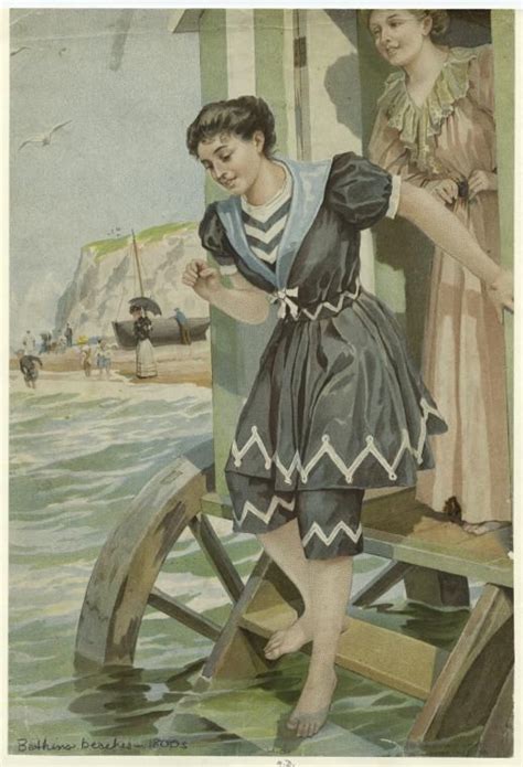 Women Stepping From Bathing Machine Into Water Ca 19th Century From