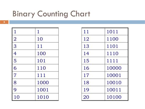 Binary Numbers Chart 1 20