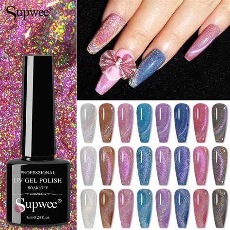 Supwee 7ml Laser Rainbow Cat Eye Gel Nail Polish Glitter Holographic Magnetic Gel Semi Permanent