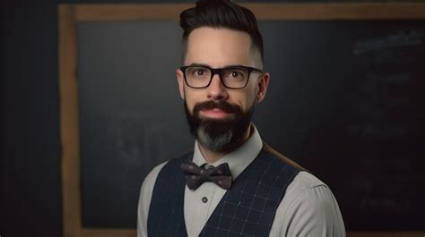 Premium Ai Image A Man With Glasses And A Bow Tie Stands In Front Of A Blackboard