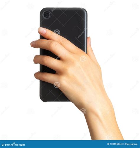 Women`s Hand Showing Black Smartphone Concept Of Taking Photo Or