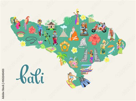 Cute Cartoon Map Of Bali Island Indonesia Flat Design Vector