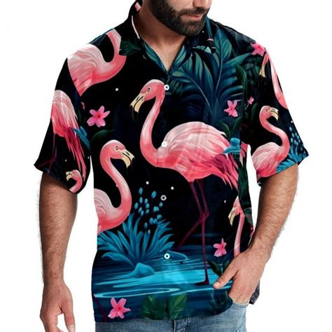 Flamingo Tropical Rainforest Mens Short Sleeve Casual Printed Button