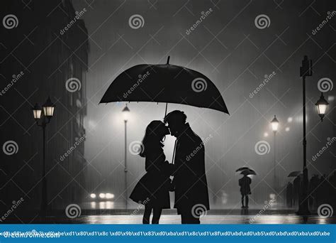 Couple In Silhouette Kissing Under Umbrella At Night Street Ai Generative Stock Illustration