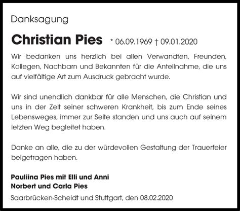 Traueranzeigen Von Christian Pies Saarbruecker Zeitung Trauer De