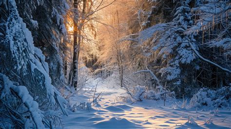 Winter Sunrise In Forest Snowy Landscape Winter Wonderland Forest