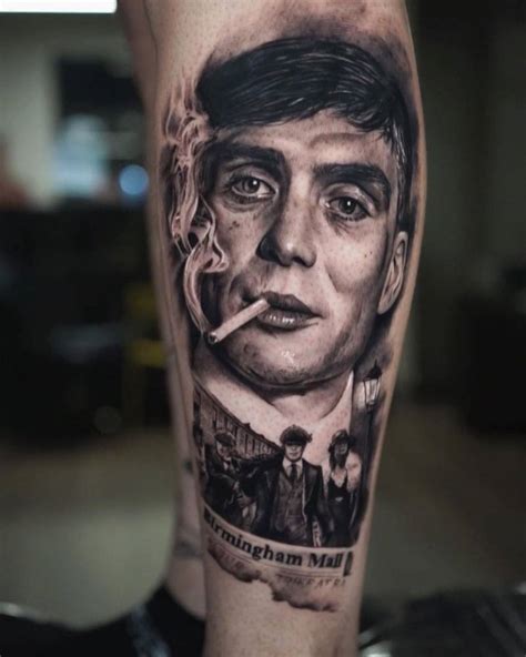 Tommy Shelby Portrait Tattoo Done On The Shin Black