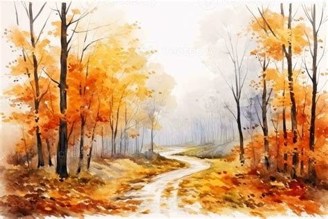 Autumn Forest Landscape Colorful Watercolor Painting Of Fall Season