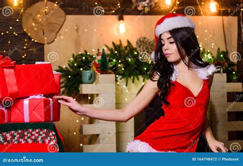 Feeling Today Woman In Santa Hat Sensual Girl In Erotic Lingerie Girl With Red Present Box