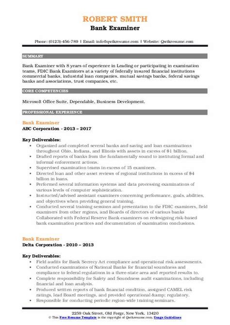 Bank Examiner Resume Samples | QwikResume