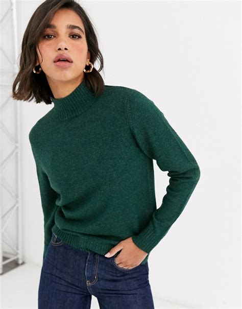 Vila Knitted Sweater With Roll Neck In Dark Green Asos Cardigan