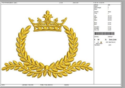 An Embroidery Pattern With A Gold Crown And Laurel Wreath On The Front