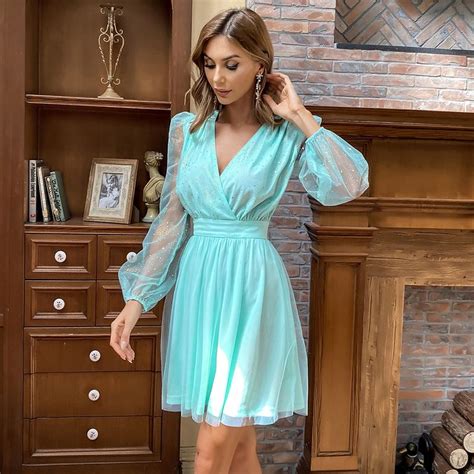 Green V Neck Ruched Tulle Cocktail Dress With Long Sheer Sleeves Long