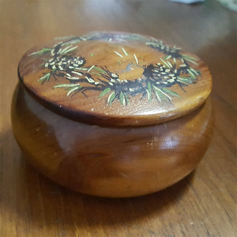 Vintage Souvenir Cedar Trinket Box Round Lid W Pine Cone Etsy