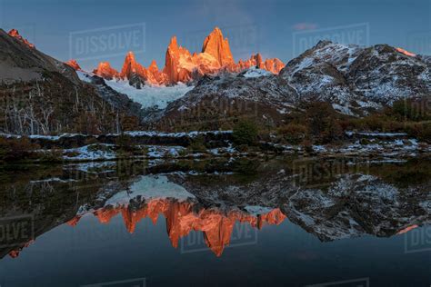 Mountain Range With Cerro Fitz Roy At Sunrise Reflected Los Glaciares