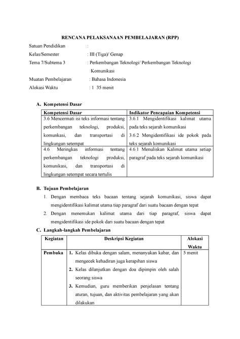 RPP Kelas 3 Tema 7 Subtema 3 RENCANA PELAKSANAAN PEMBELAJARAN RPP