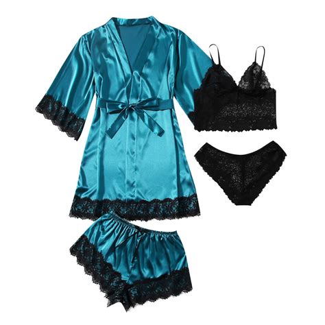 Ovbmpzd Womens Silk Satin Pajama Set 4 Pieces Sexy Lingerie Lace Camis