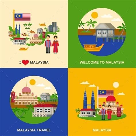 Malaysia Culture 4 Flat Icons Square Malaysia Flat Icon Landmark Poster