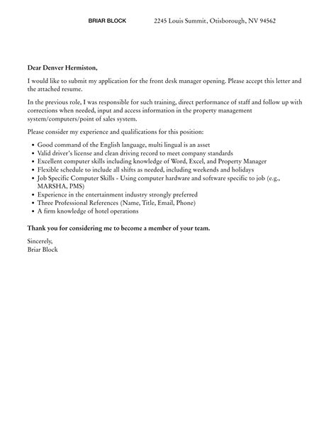 Front Desk Manager Cover Letter Velvet Jobs