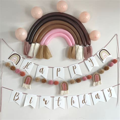 Boho Rainbow Happy Birthday Banner Rainbow Balloon Kit Happy Birthday