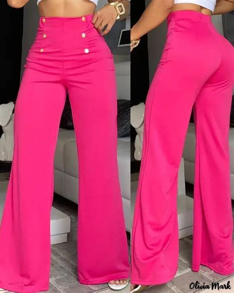 Olivia Mark High Waisted Wide Leg Pants With Button Decoration